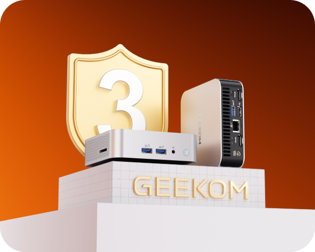 GEEKOMミニPCの3年製品保証を示す公式ビジュアル