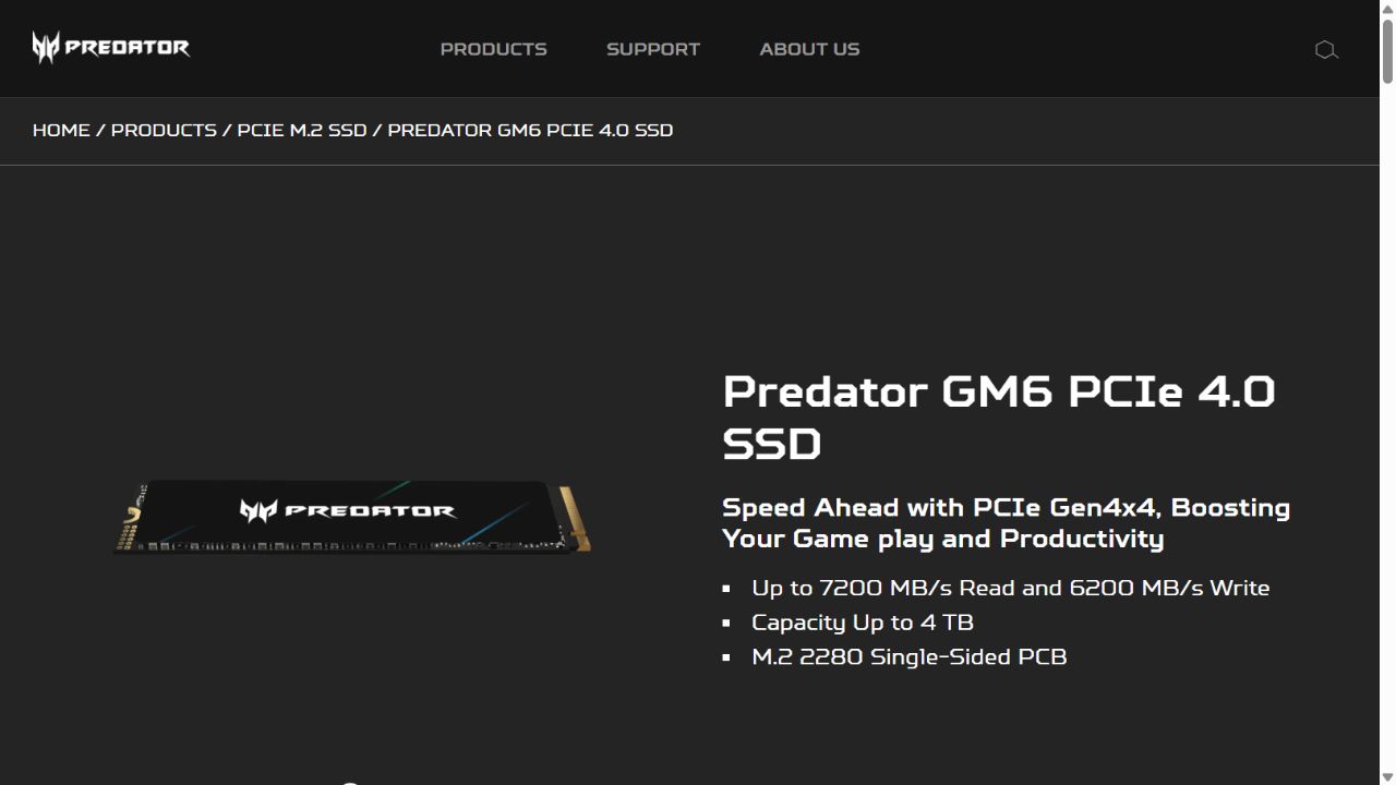 Predator公式サイトのGM6製品仕様・最大速度・容量・片面実装