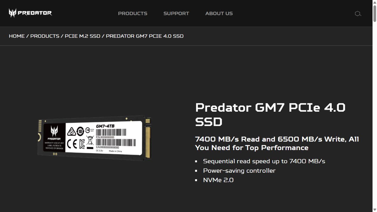 Predator公式サイトのGM7製品外観と最大7400MB/s・NVMe 2.0の概要