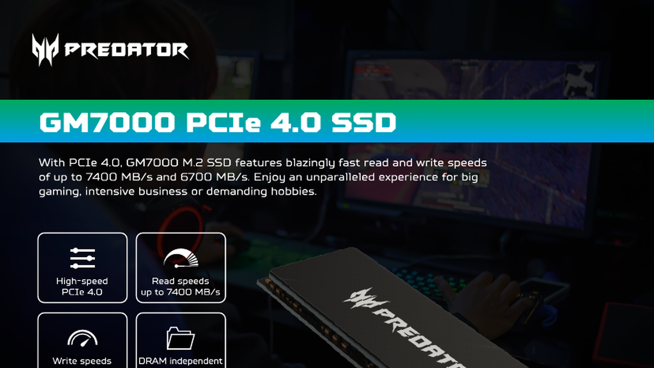 Predator公式のGM7000製品外観とPCIe 4.0、最大7400MB/s、DRAM、放熱設計の概要