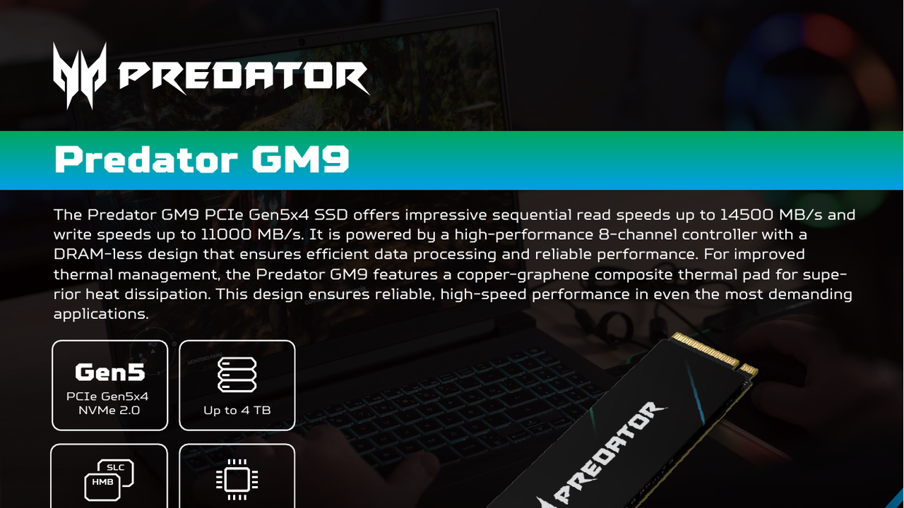Predator Storage公式のGM9製品外観とGen5、DRAMレス、最大速度の概要