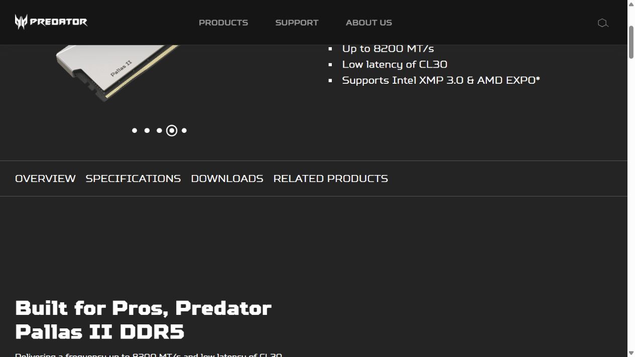 Predator公式サイトのPallas II製品外観と最大8200 MT/s・CL30・XMP／EXPO対応