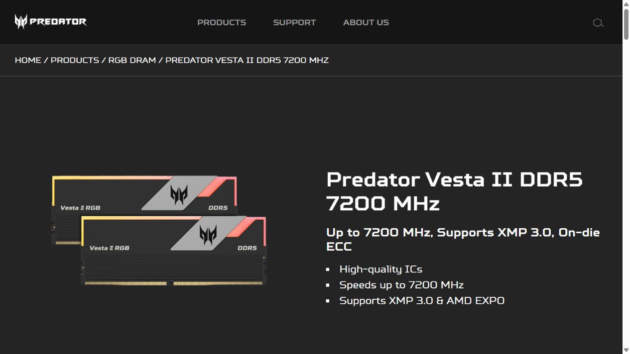 Predator公式のVesta II製品外観と最大7200MHz、XMP 3.0、AMD EXPO対応の概要